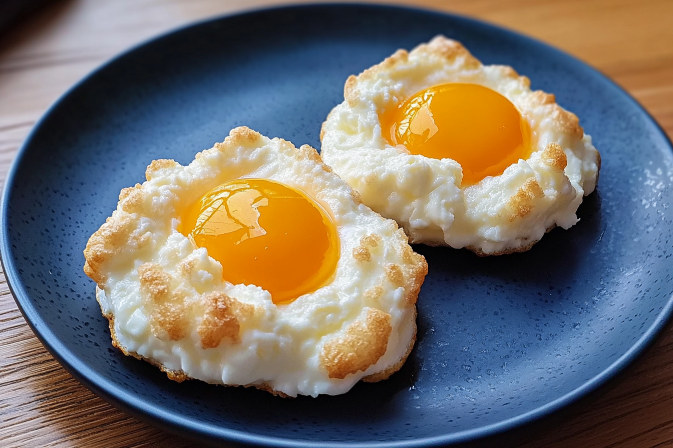 Breakfast spread with eggs, toast, and juice