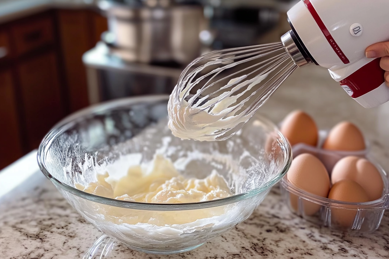 Whipped egg whites being prepared for baking