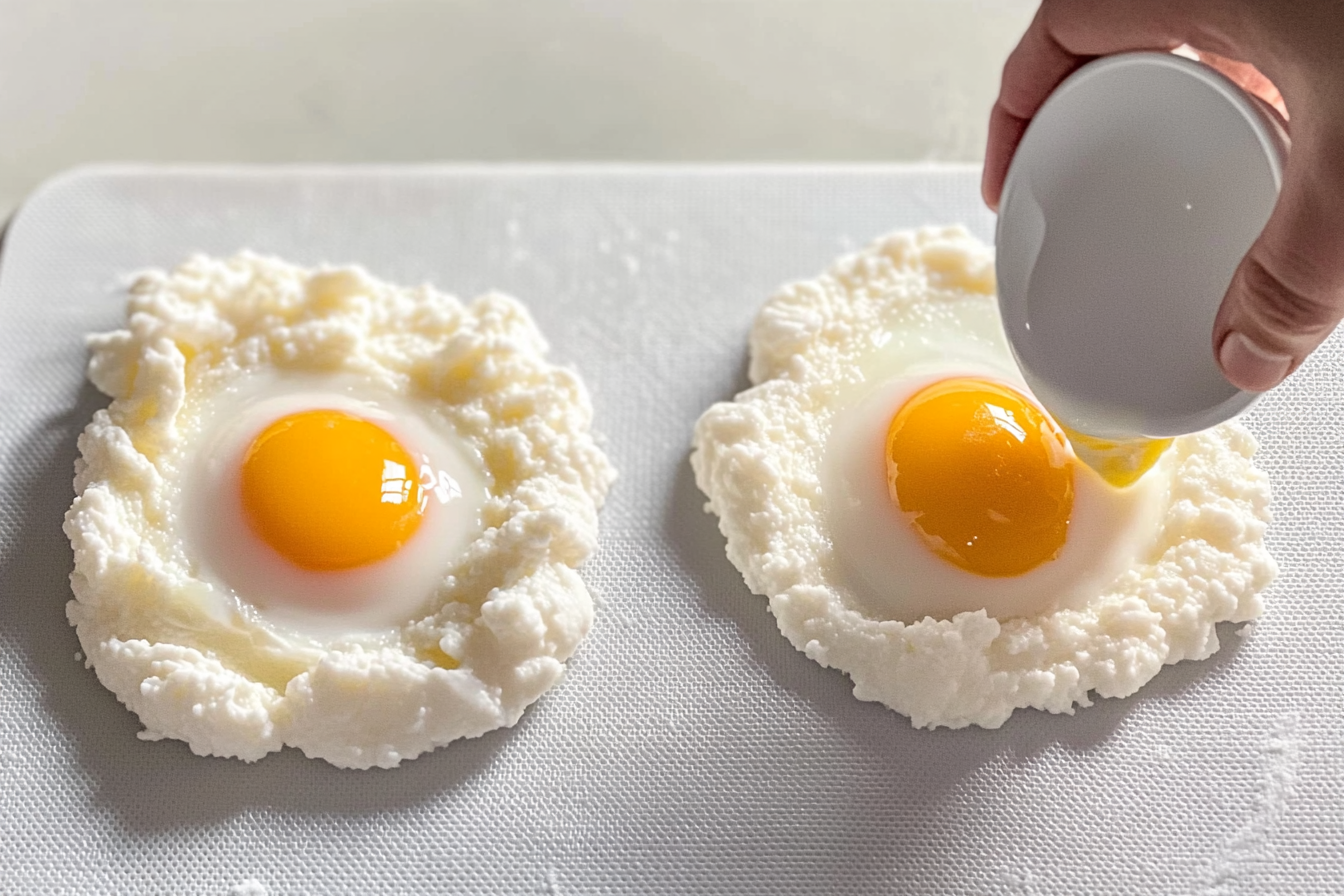 Yolks placed on fluffy egg whites, ready for baking