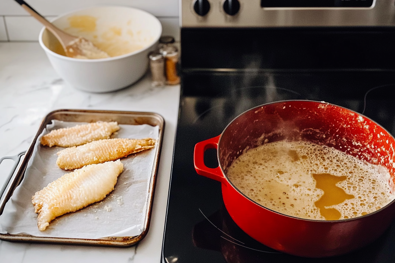 Step-by-step frying process for crispy fish fillets