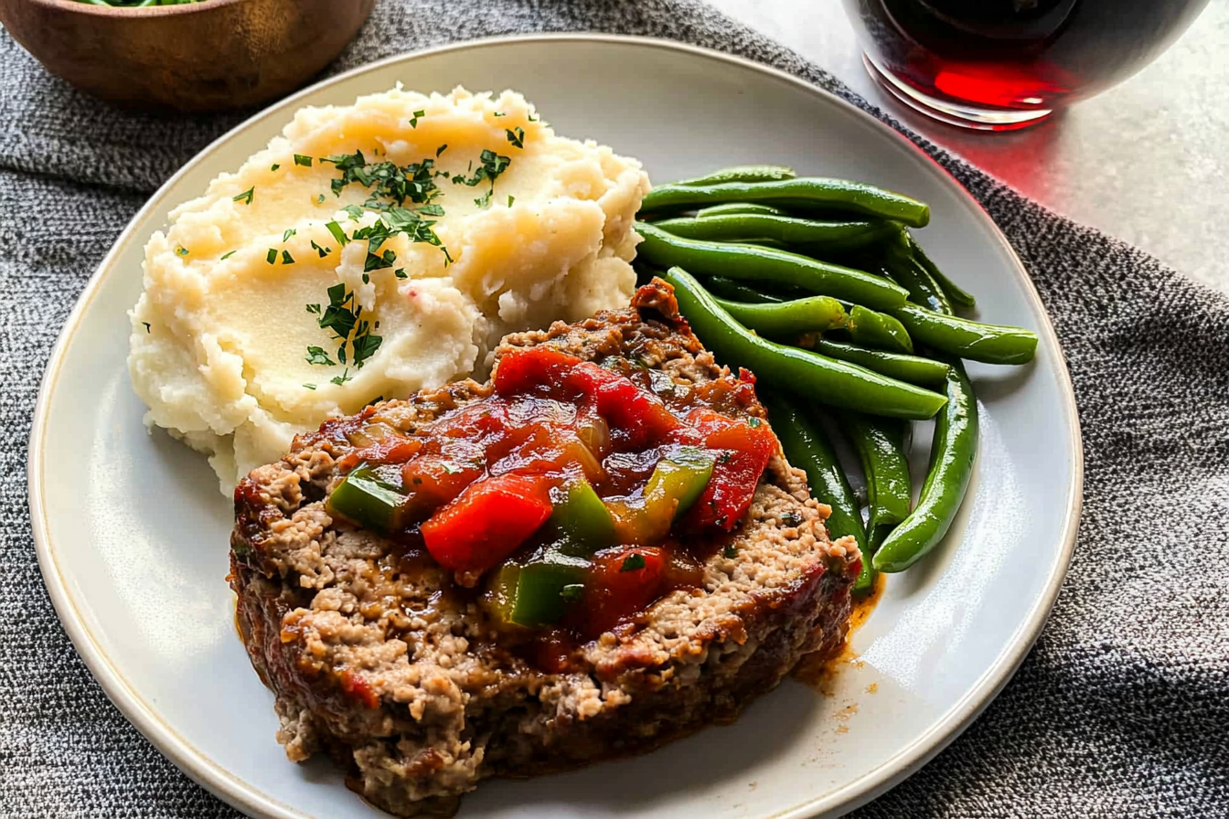 Copycat Cracker Barrel Meatloaf served with mashed potatoes and green beans