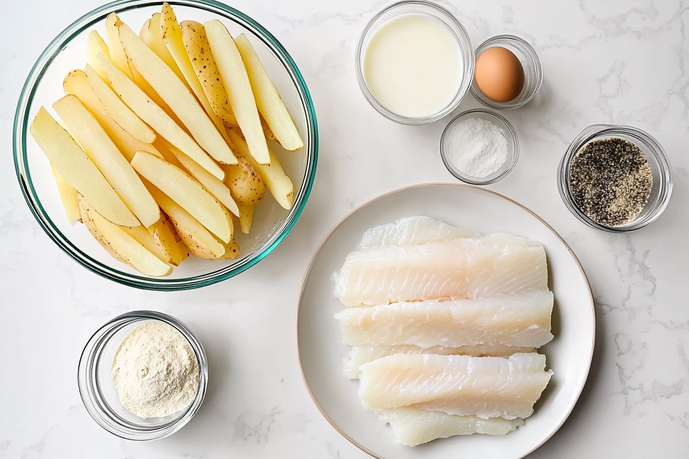 Ingredients for making fish and chips, including cod fillets and potatoes