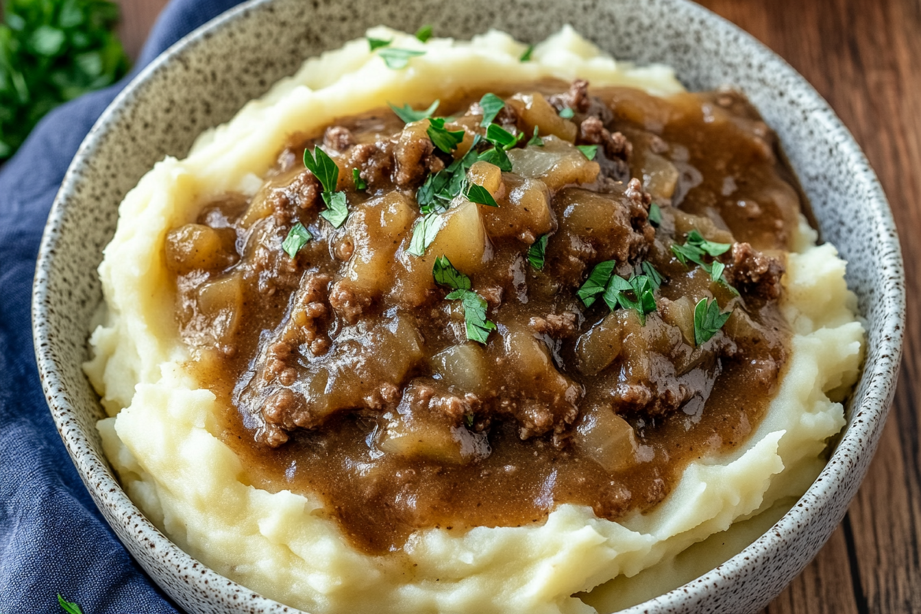 Ground Beef and Gravy Over Mashed Potatoes