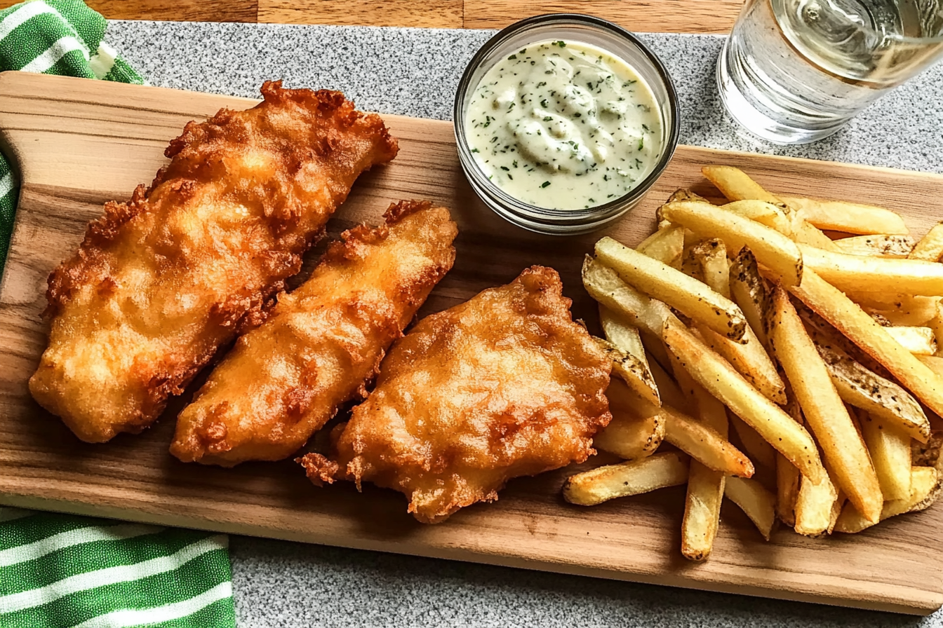 Golden crispy fish fillets on a plate with fries and tartar sauce