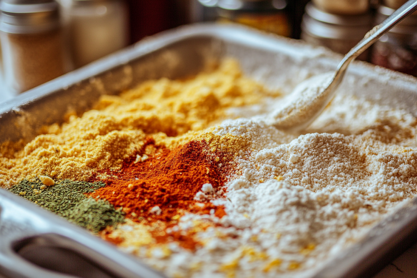 Cornmeal, flour, and spices arranged in a bowl