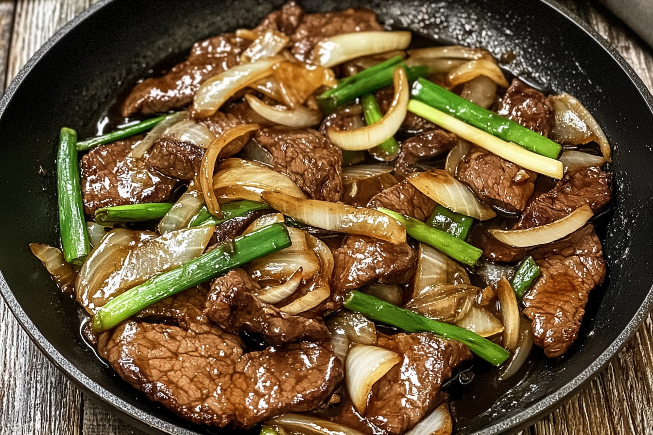 Close-up of stir-fried beef and onion with garnishes