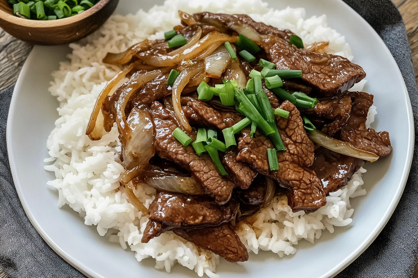 Chinese-style Beef and Onion Stir Fry served with rice