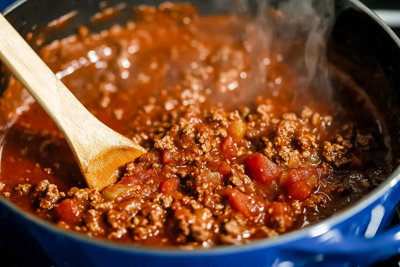 Chili simmering in a skillet