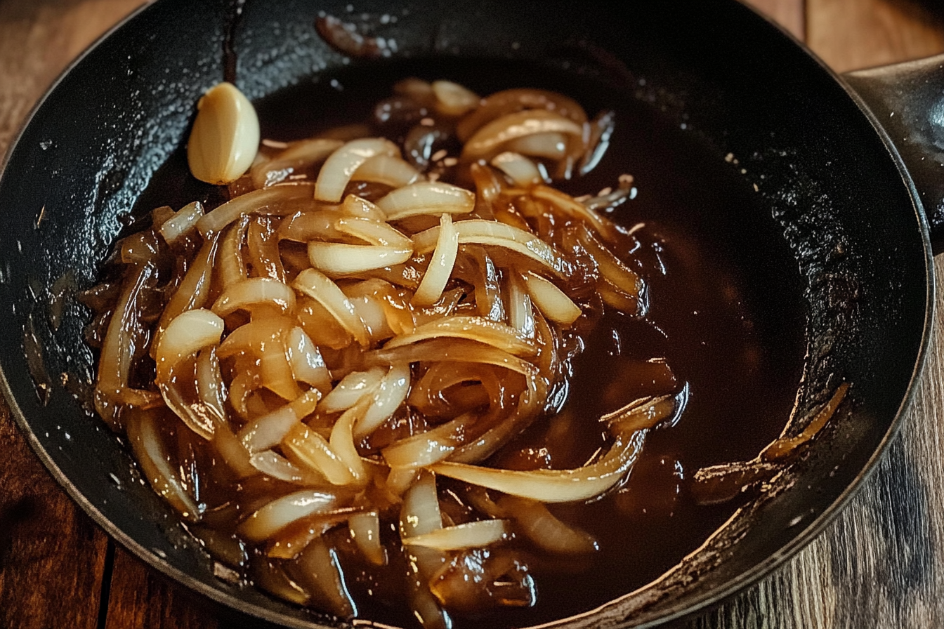 Close-up of stir-fried beef and onion with garnishes