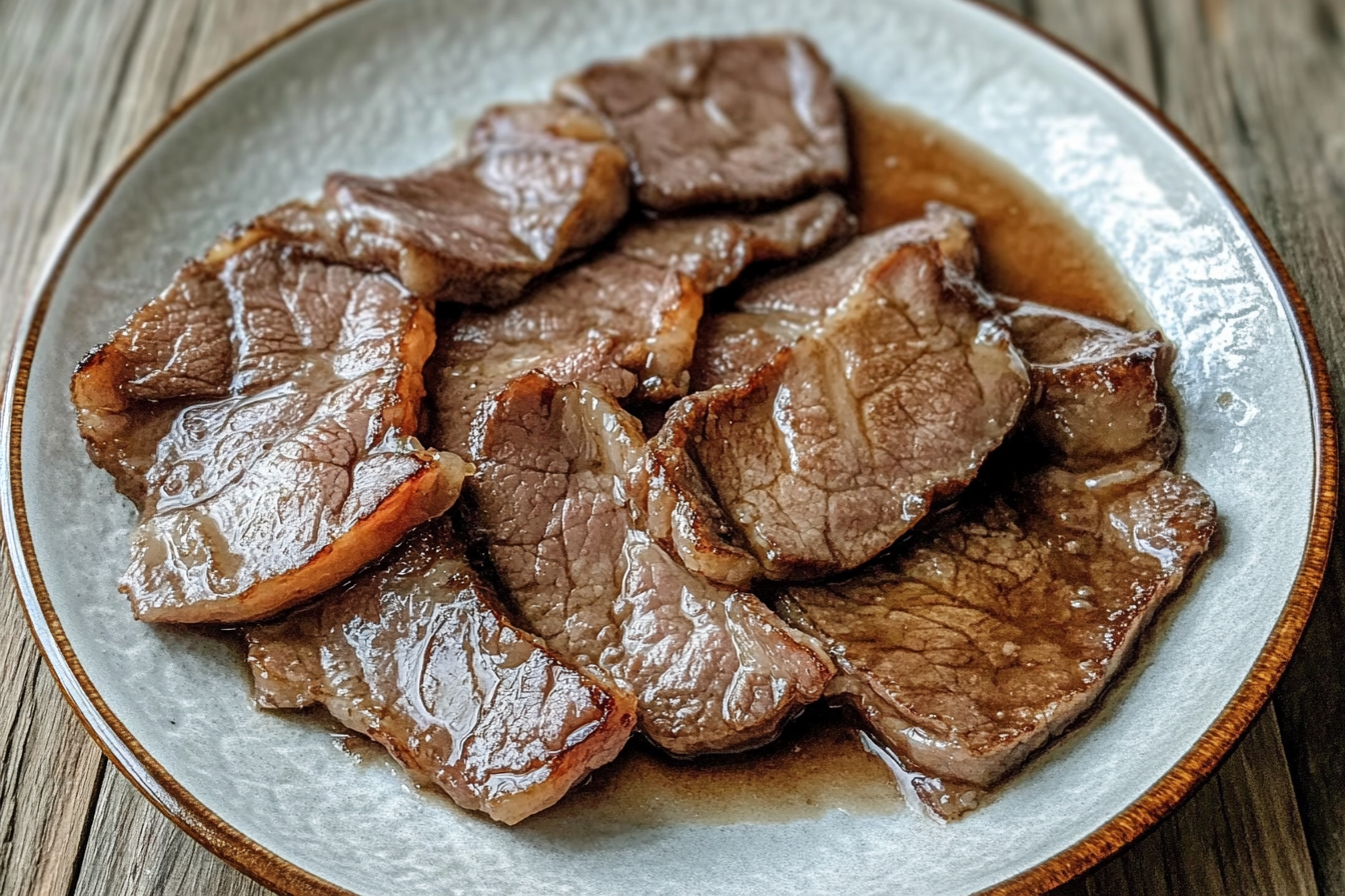 Tender beef slices and onions cooking in a skillet