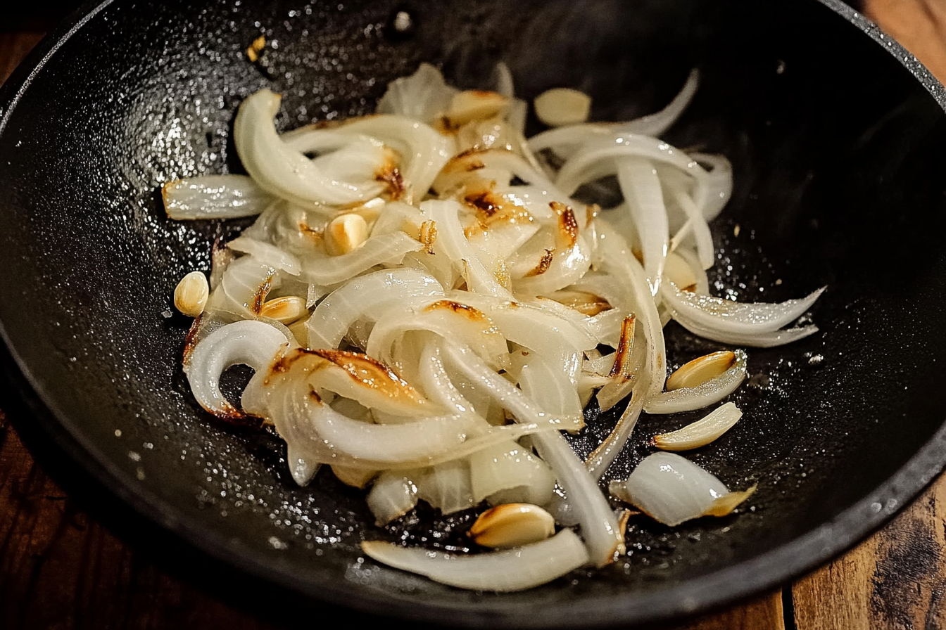 Tender beef slices and onions cooking in a skillet