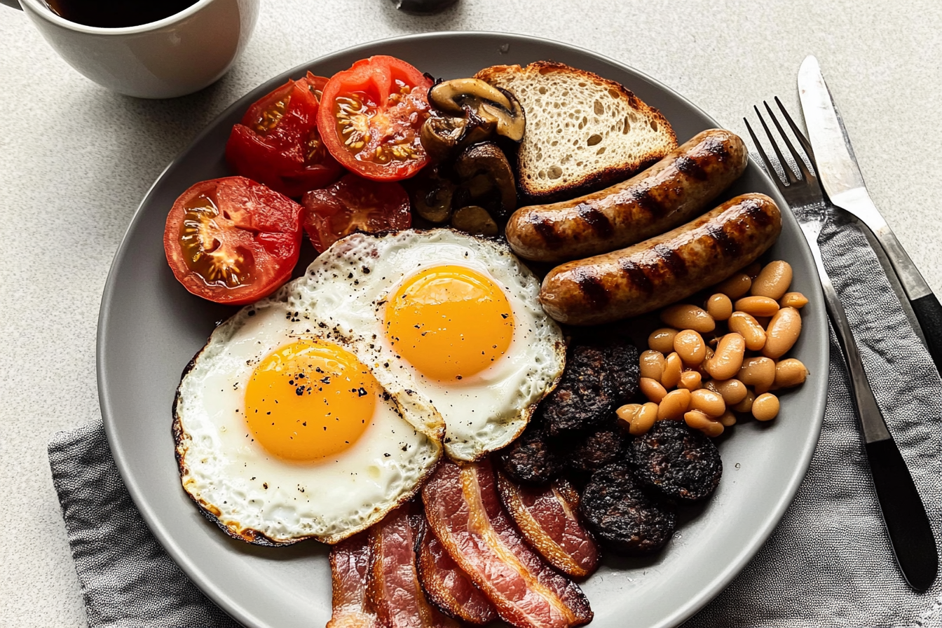 Full English Breakfast with sausages and eggs