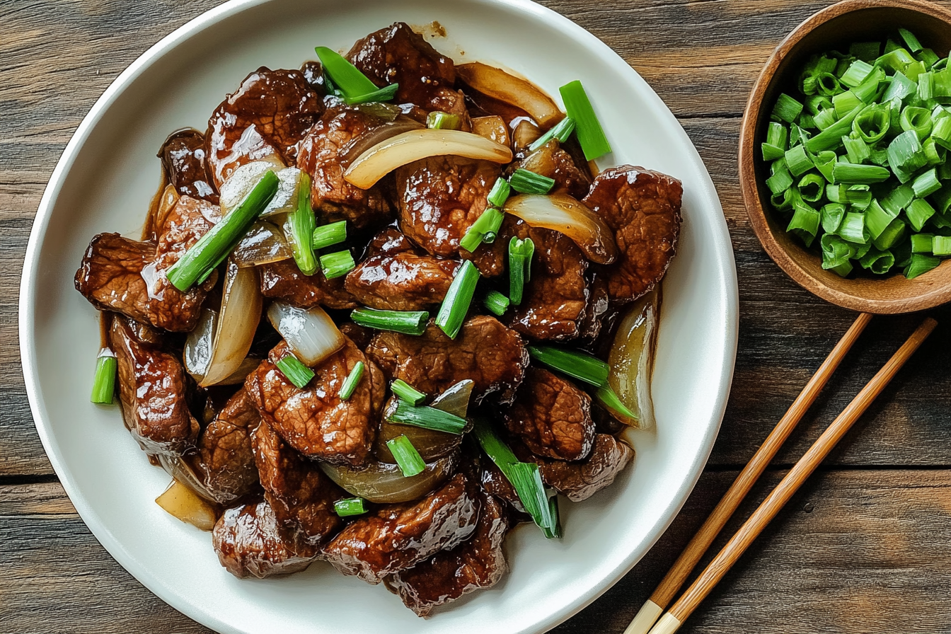 Close-up of stir-fried beef and onion with garnishes