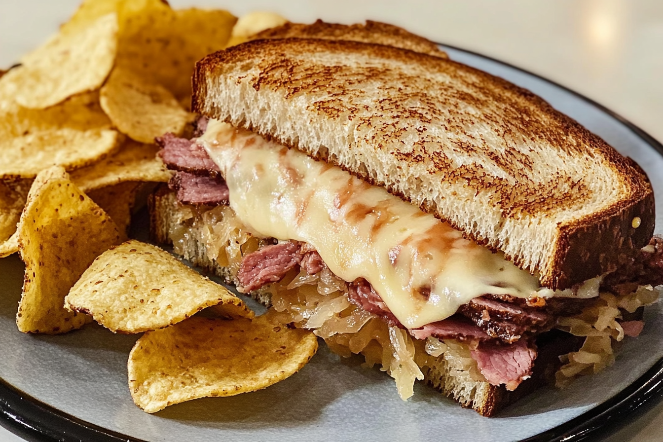 Reuben Sandwich Recipe served on a plate with Potato Chips