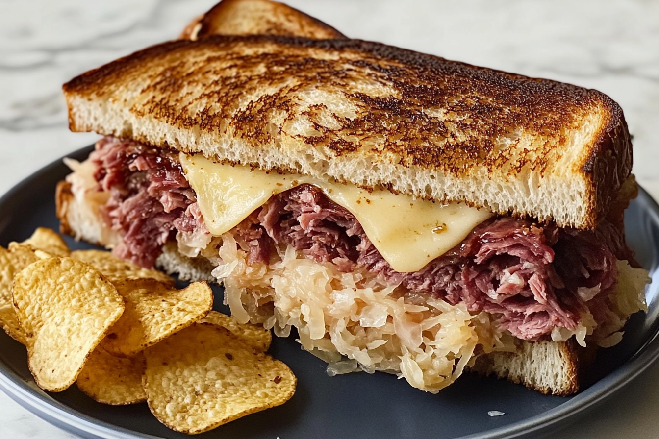 Reuben Sandwich Recipe served on a plate with Potato Chips