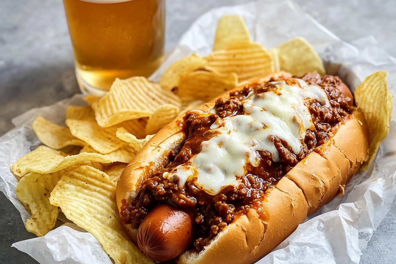 Side pairing of fries and chili cheese dog