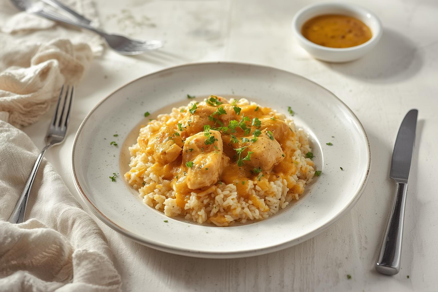 Golden bubbling cheesy chicken and rice in a pan