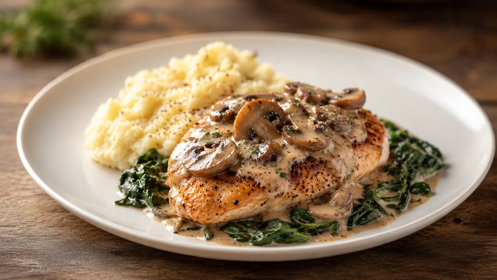 creamy mushroom chicken over mashed potatoes