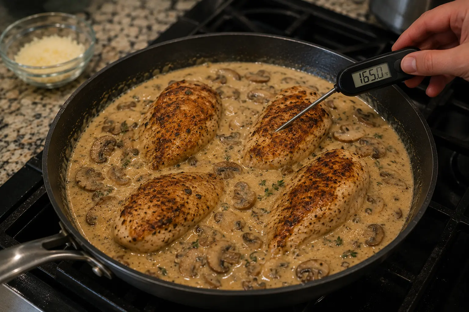 Creamy Mushroom Chicken at 165°F creamy mushroom chicken over mashed potatoes